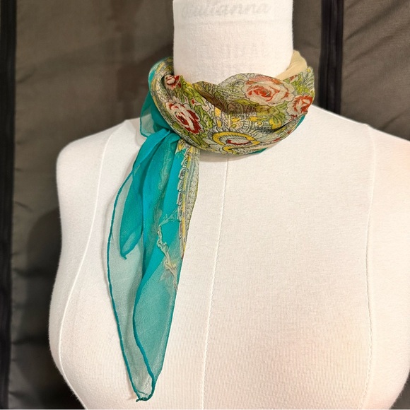 Vintage Women's Scarf Silk Handmade Green Multicolor Scarves Wraps Floral Soft - Picture 4 of 7